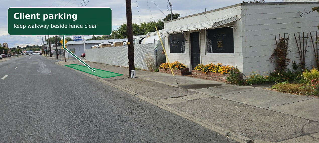 Parking guide showing the green-marked curb area beside Soft Tissue Engineering and the walkway to keep clear
